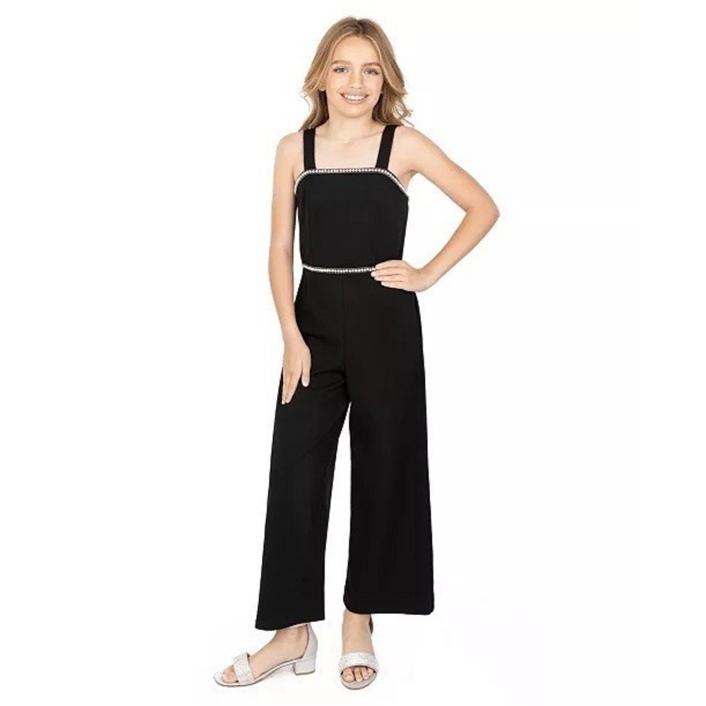 Speechless Girls Black Wide Leg Jumpsuit Rhinestone‎ Trim Size 7 NWT